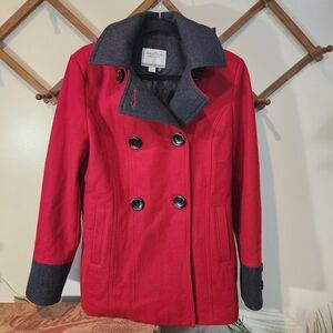 Nautica Pea Coat Women's Size M Red Wool Blend Lined Double Breasted Jacket